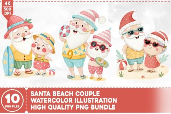 Download Santa Beach Couple Watercolor Bundle - Beach couple Collection