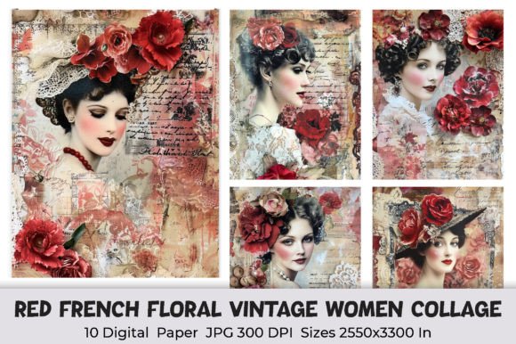 Download Red French Floral Vintage Women Collage - Premium Resources