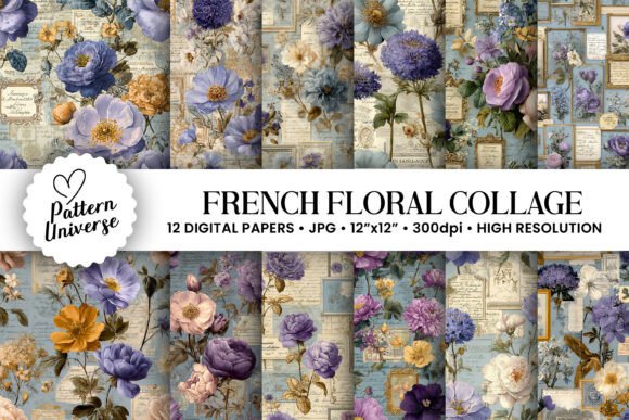 Download French Floral Collage Digital Papers - French floral Collection