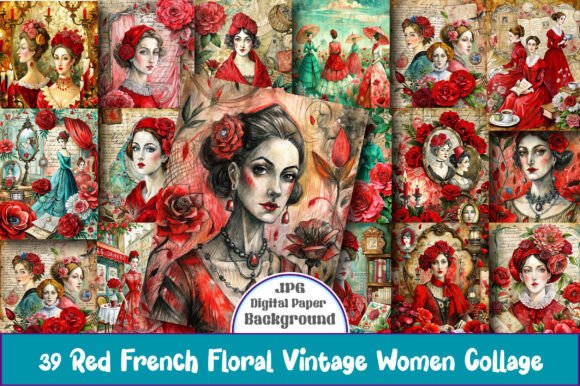 Download Red French Floral Vintage Women Collage - French floral Collection